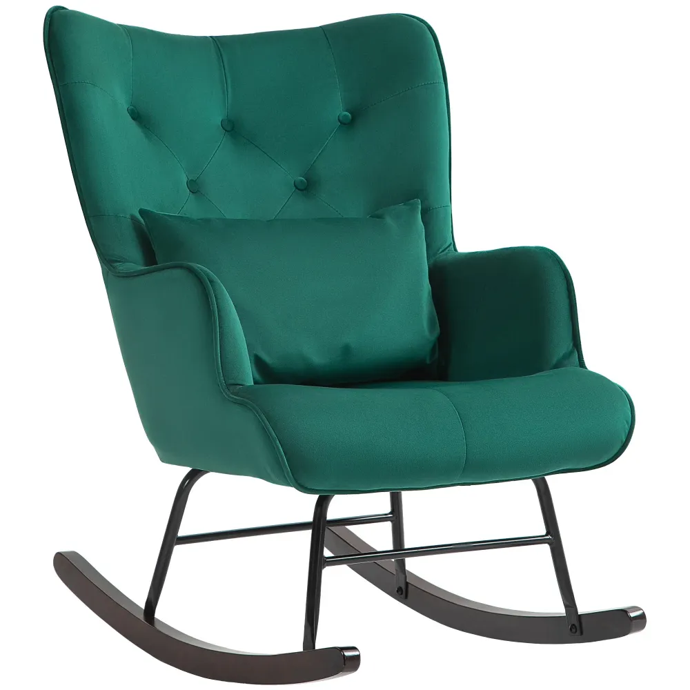 Poltrona Dondolo con Schienale Alto Cuscino e Braccioli Velluto Verde