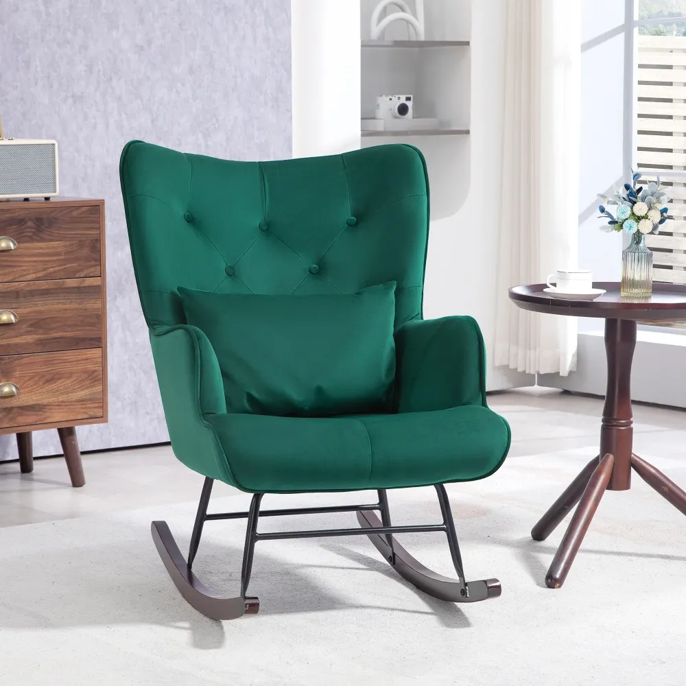 Poltrona Dondolo con Schienale Alto Cuscino e Braccioli Velluto Verde