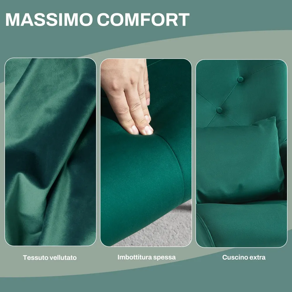 Poltrona Dondolo con Schienale Alto Cuscino e Braccioli Velluto Verde
