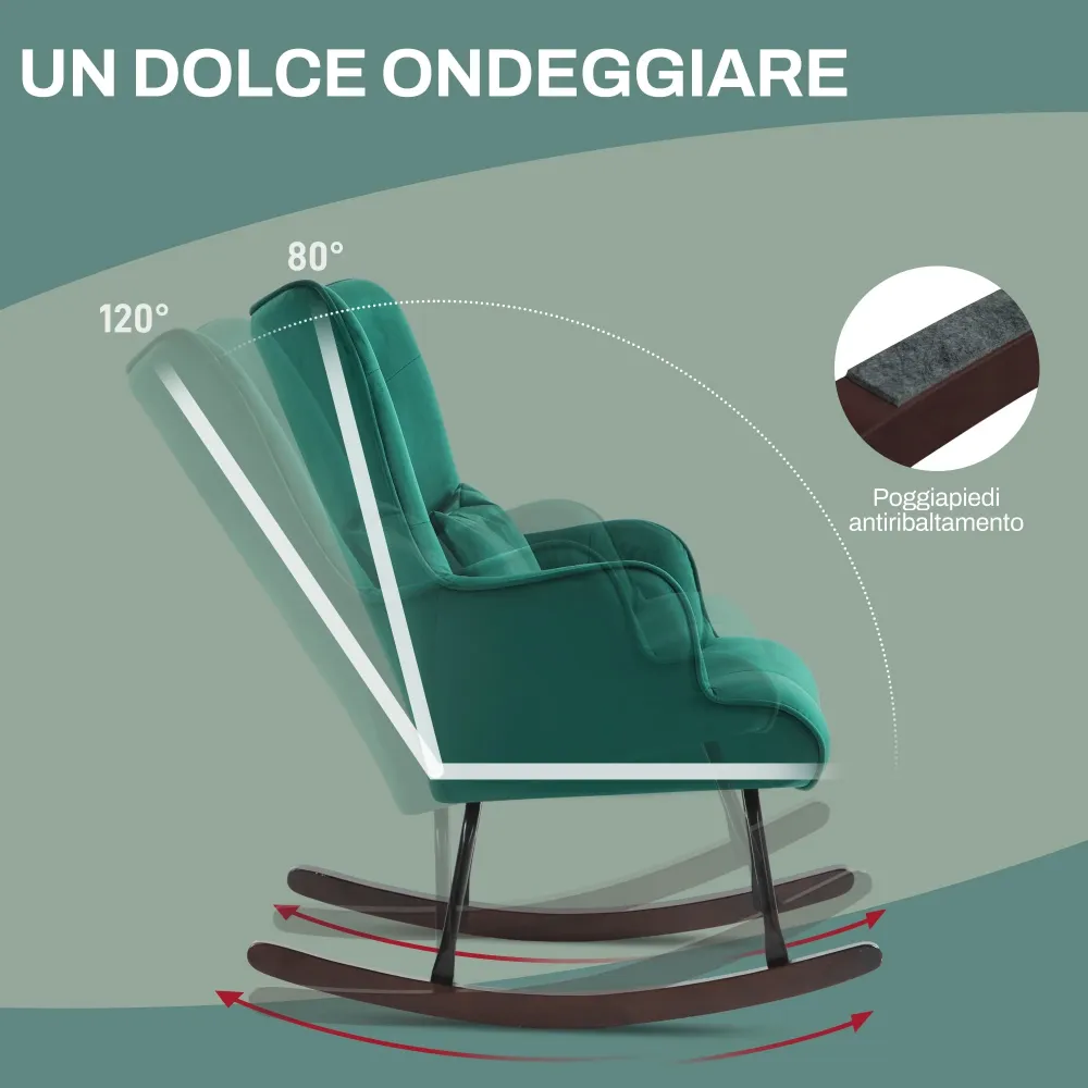 Poltrona Dondolo con Schienale Alto Cuscino e Braccioli Velluto Verde