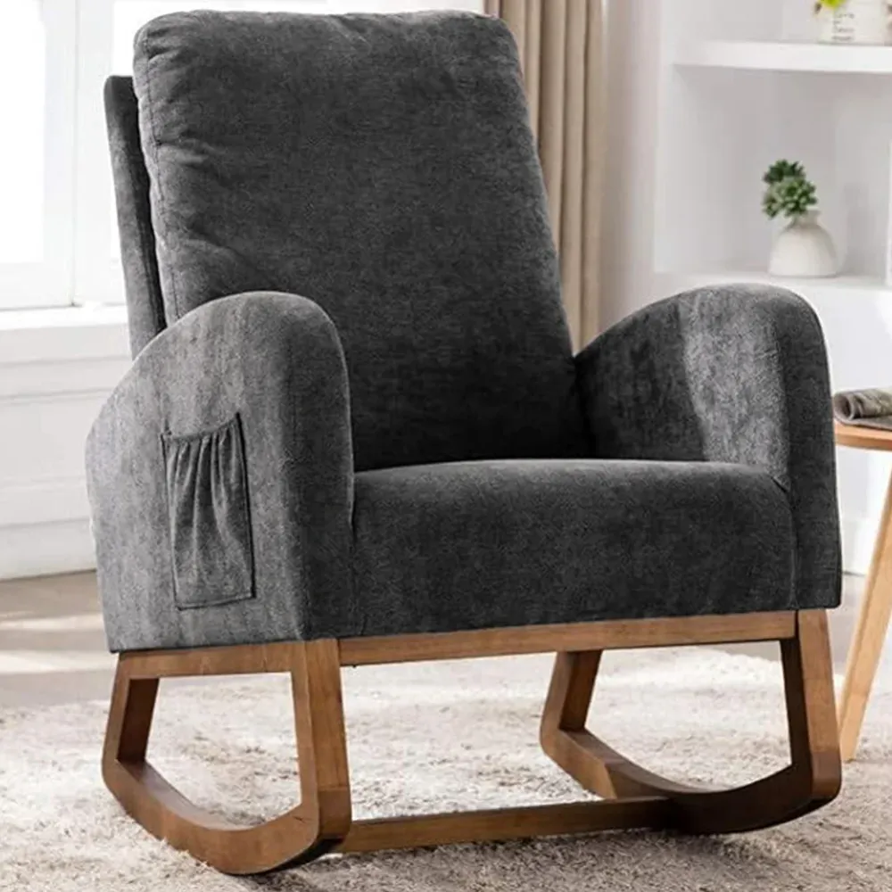 Poltrona Dondolo Grigio Tessuto Struttura Legno Sedia Relax Dondolante