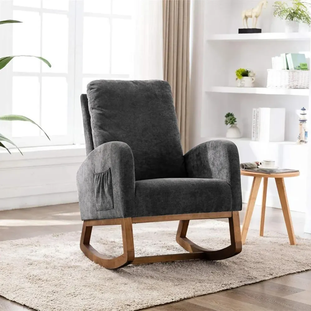 Poltrona Dondolo Grigio Tessuto Struttura Legno Sedia Relax Dondolante