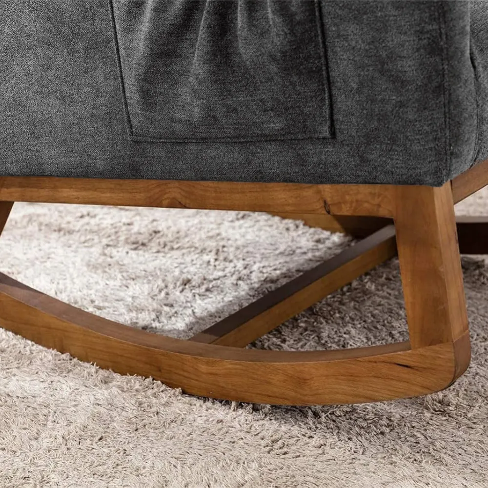 Poltrona Dondolo Grigio Tessuto Struttura Legno Sedia Relax Dondolante