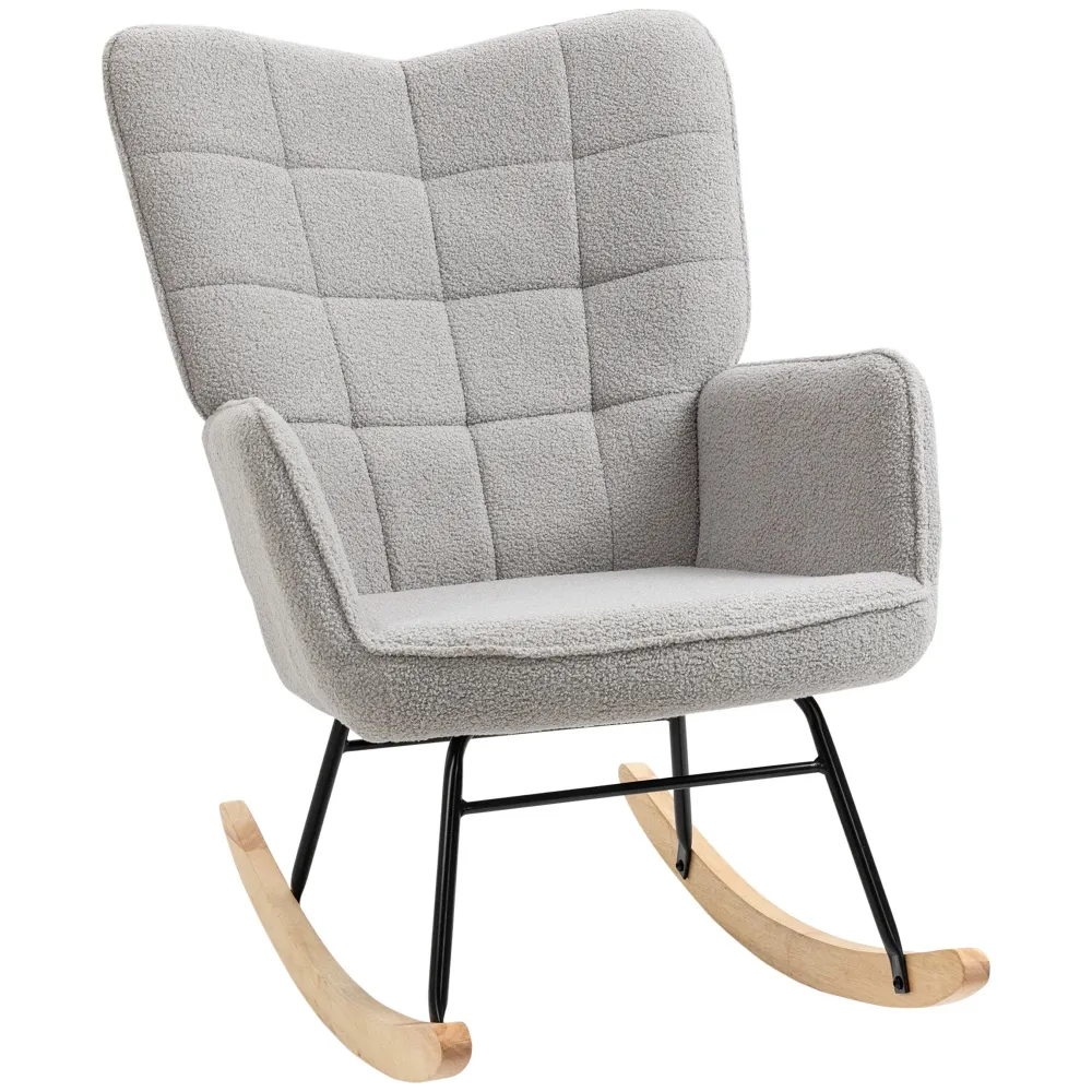 Poltrona Dondolo Imbottita Rivestimento Bouclé 71x98x101 cm Grigio
