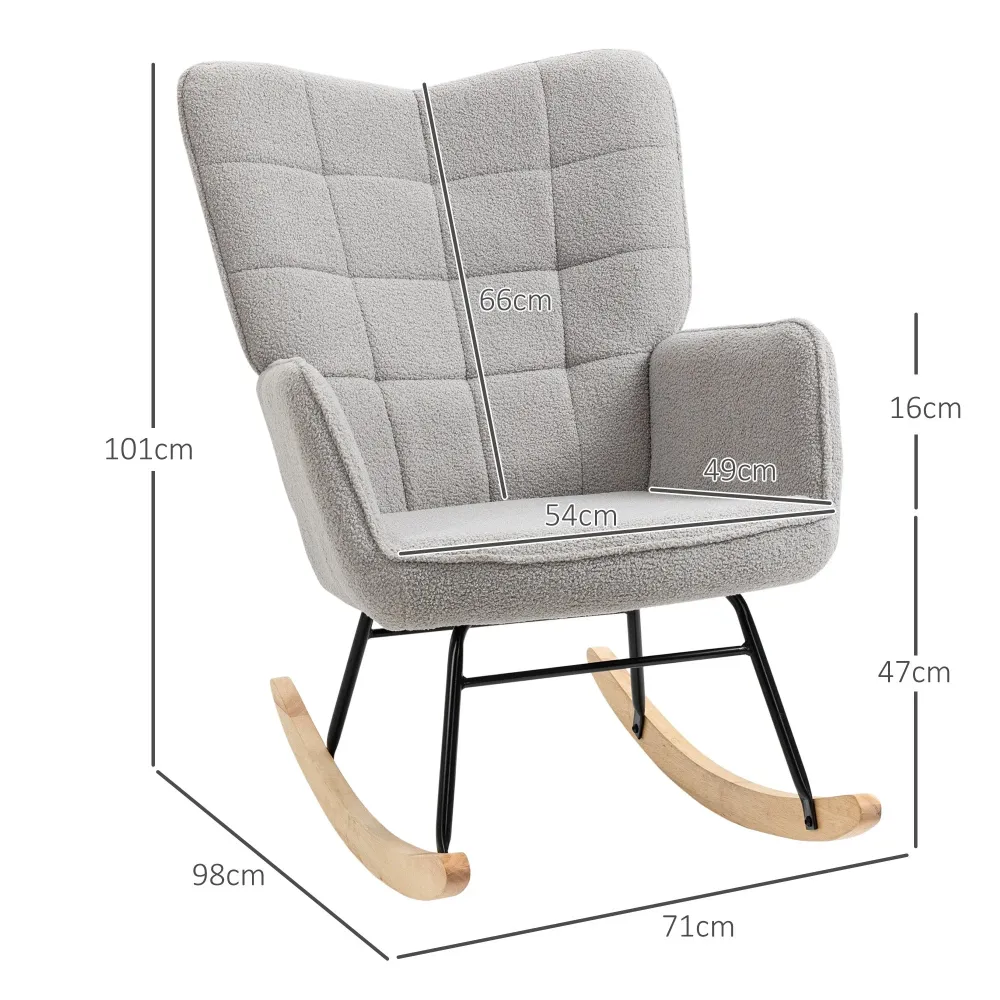 Poltrona Dondolo Imbottita Rivestimento Bouclé 71x98x101 cm Grigio