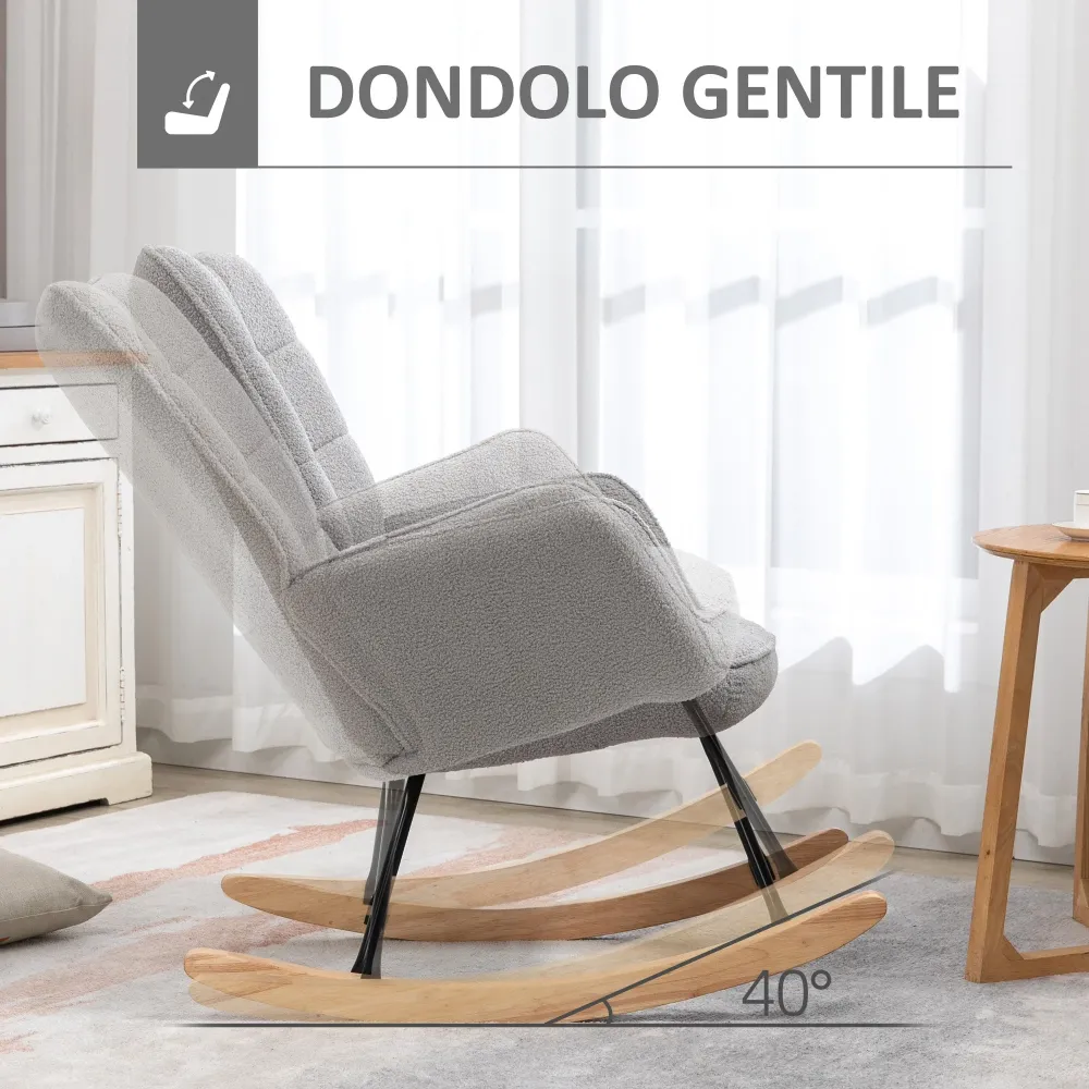 Poltrona Dondolo Imbottita Rivestimento Bouclé 71x98x101 cm Grigio