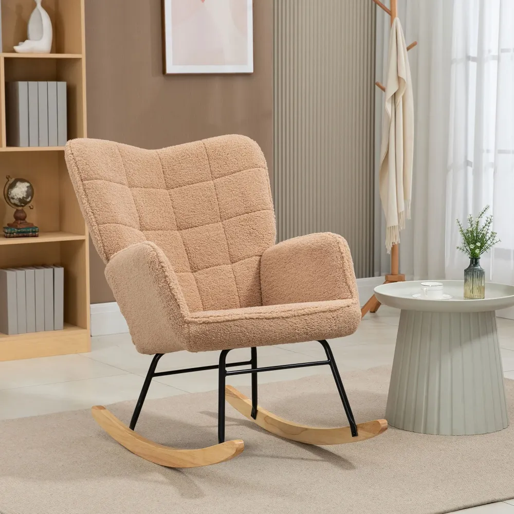 Poltrona Dondolo Imbottita Rivestimento Bouclé 71x98x101 cm Marrone