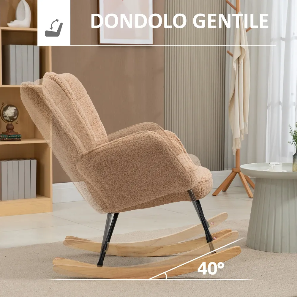 Poltrona Dondolo Imbottita Rivestimento Bouclé 71x98x101 cm Marrone