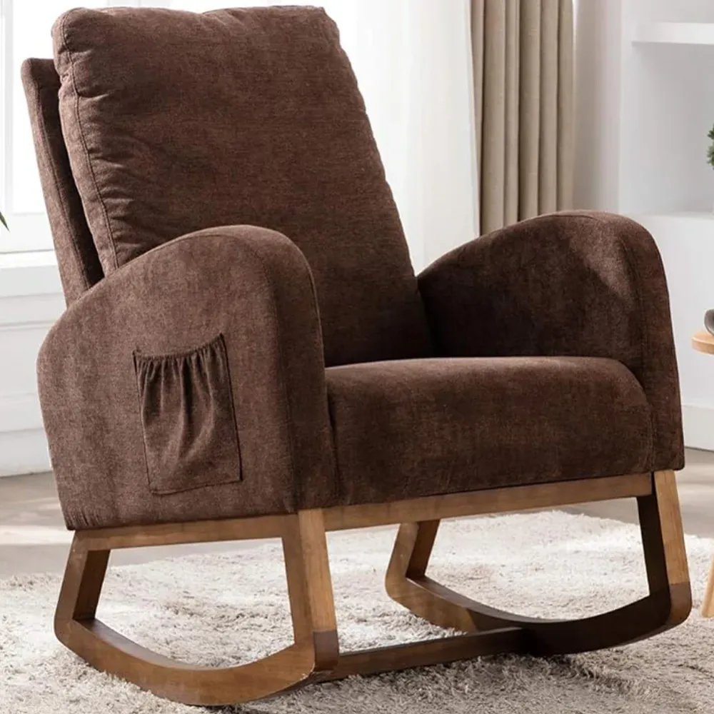 Poltrona Dondolo Marrone Tessuto Struttura Legno Sedia Relax Dondolante