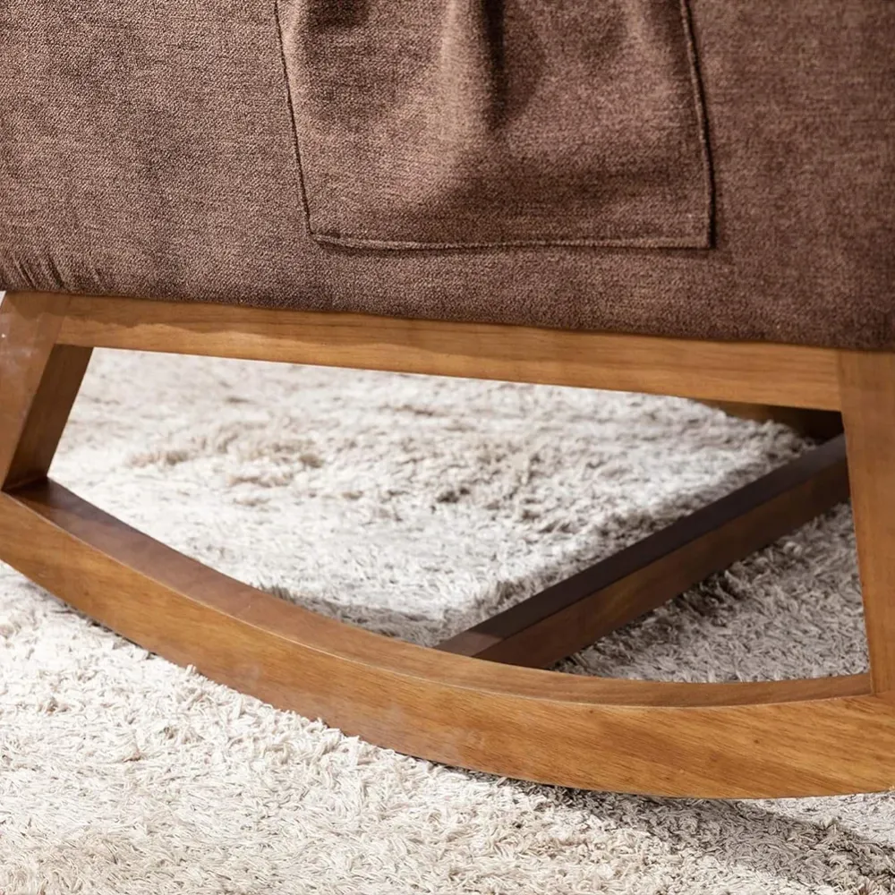 Poltrona Dondolo Marrone Tessuto Struttura Legno Sedia Relax Dondolante