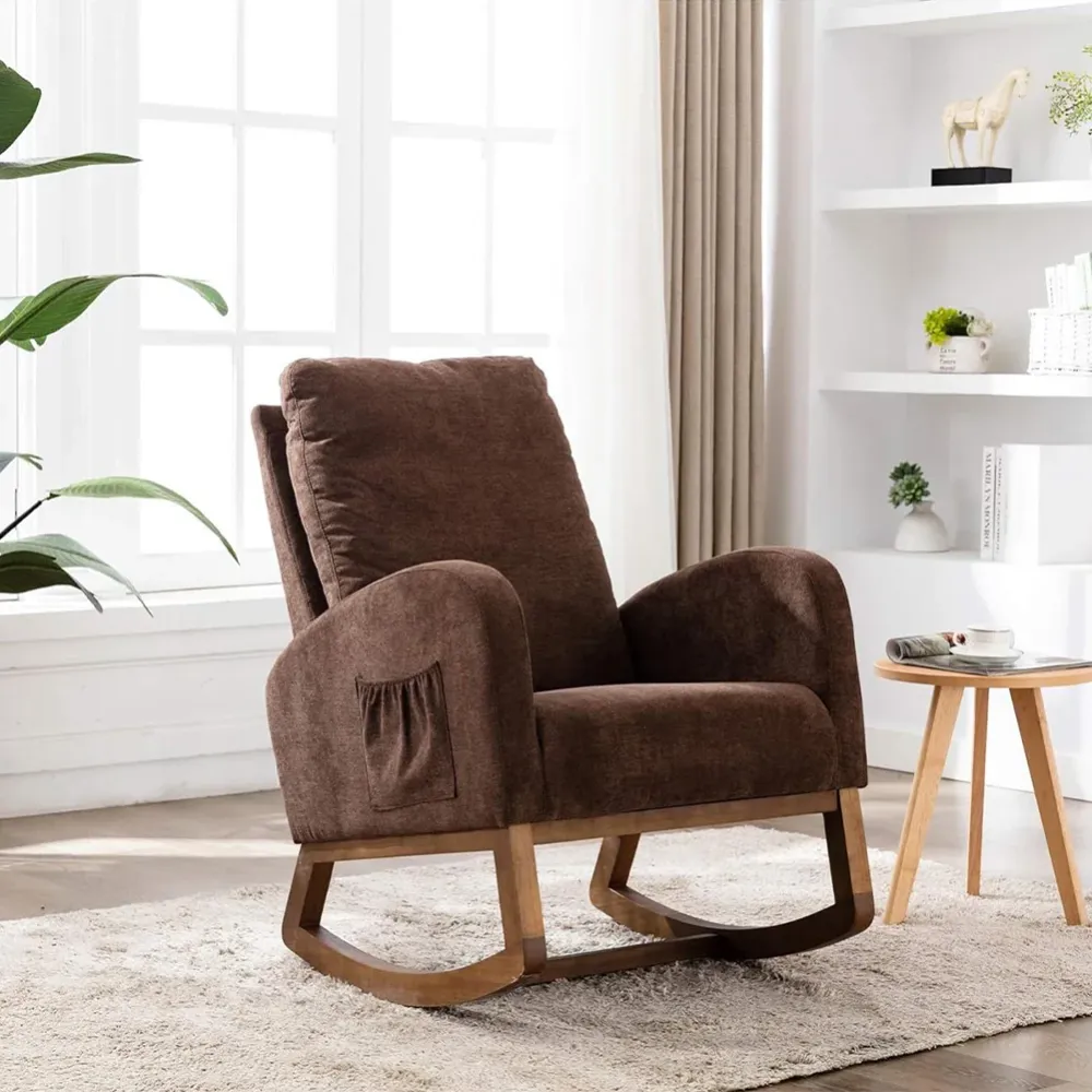 Poltrona Dondolo Marrone Tessuto Struttura Legno Sedia Relax Dondolante