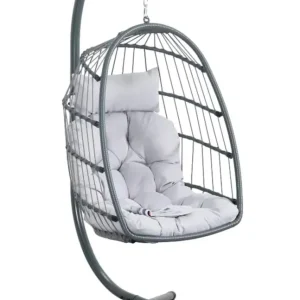 Poltrona Dondolo Sospesa Rattan Grigio con Cuscini e Portata 140 kg