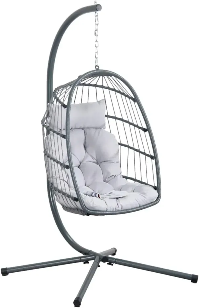 Poltrona Dondolo Sospesa Rattan Grigio con Cuscini e Portata 140 kg