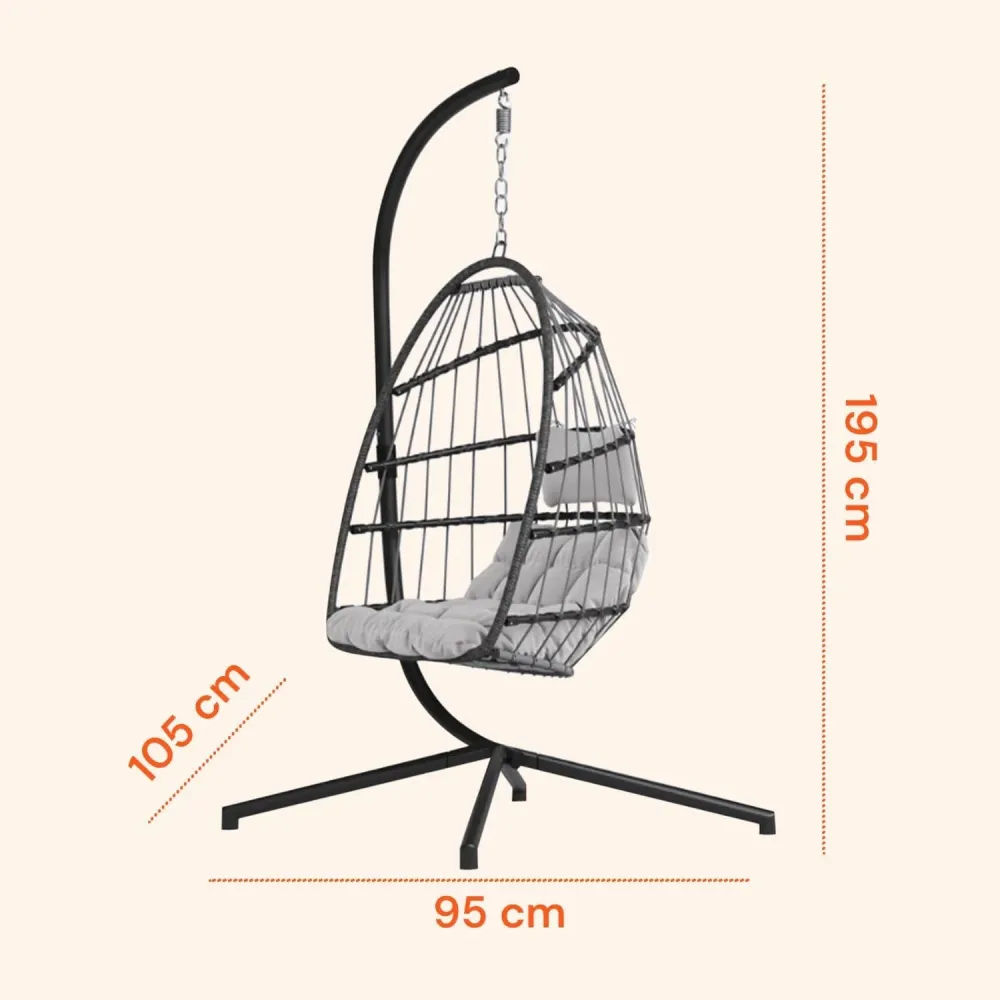 Poltrona Dondolo Sospesa Rattan Grigio con Cuscini e Portata 140 kg
