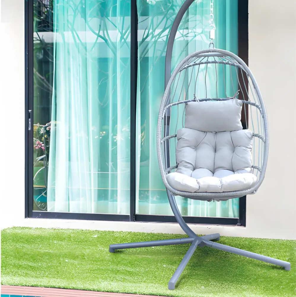 Poltrona Dondolo Sospesa Rattan Grigio con Cuscini e Portata 140 kg