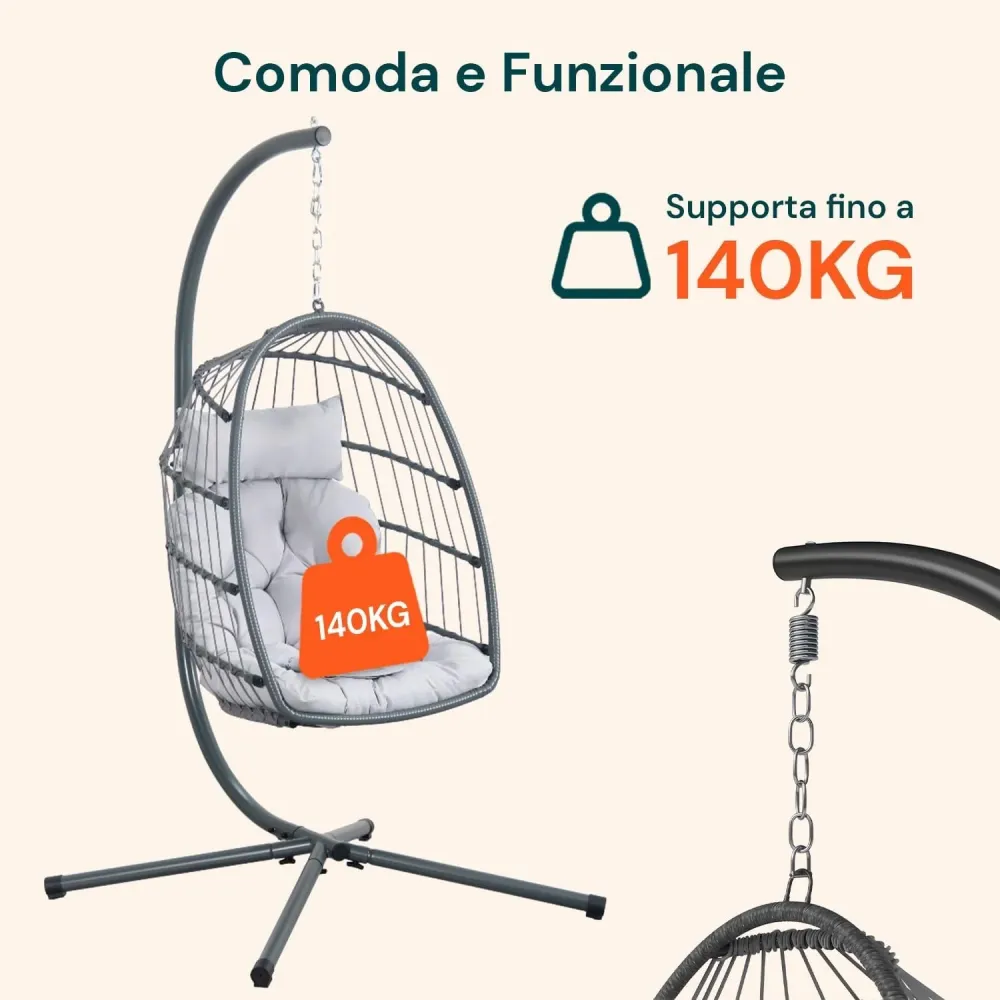Poltrona Dondolo Sospesa Rattan Grigio con Cuscini e Portata 140 kg