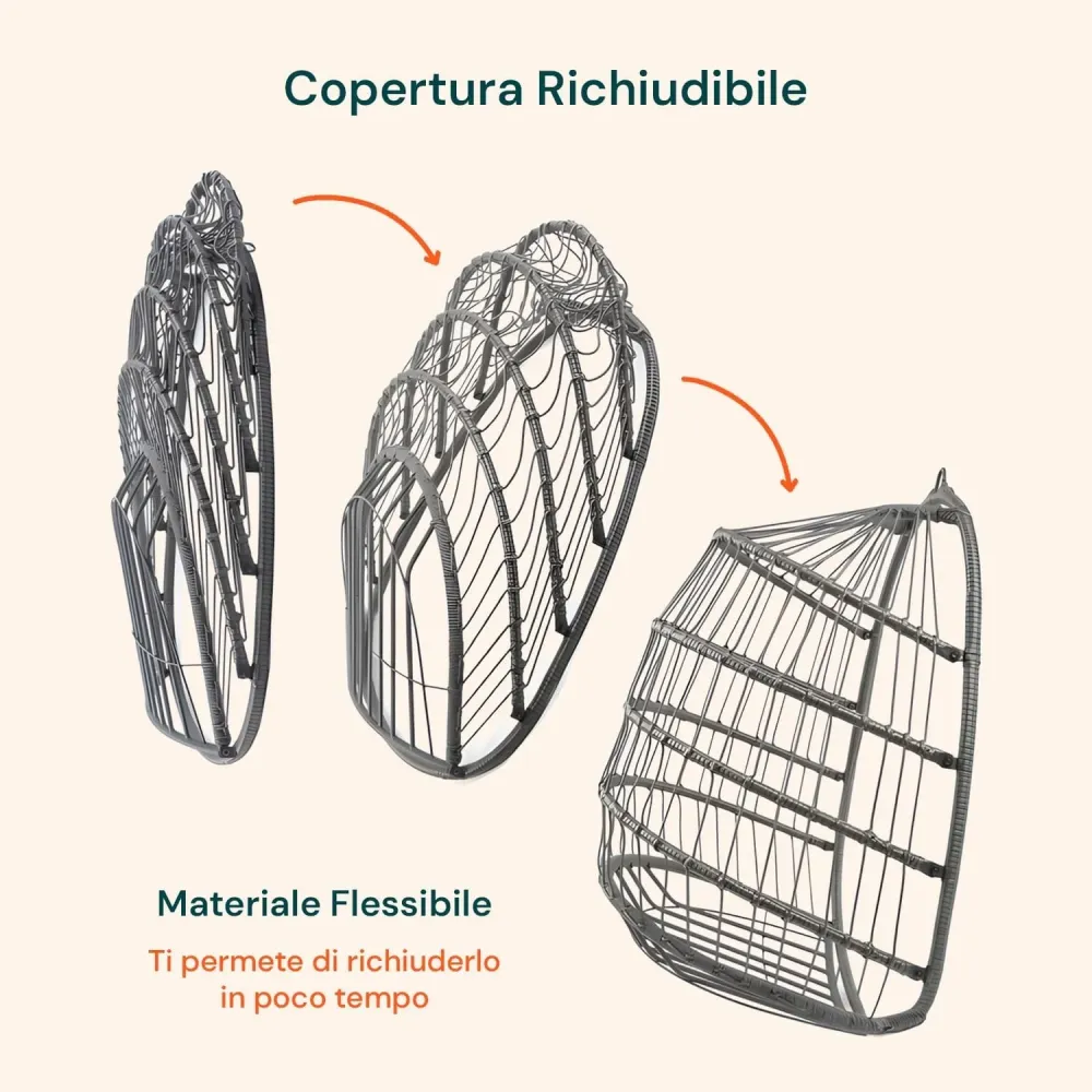 Poltrona Dondolo Sospesa Rattan Grigio con Cuscini e Portata 140 kg