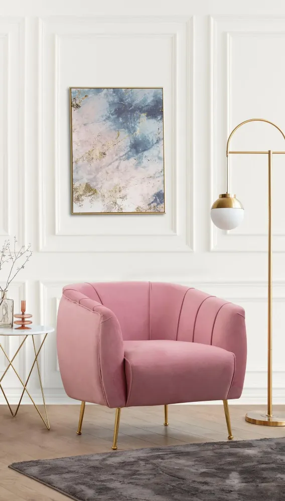 Poltrona elegante moderna rivestita tessuto rosa gambe dorate cm 85x85x80h
