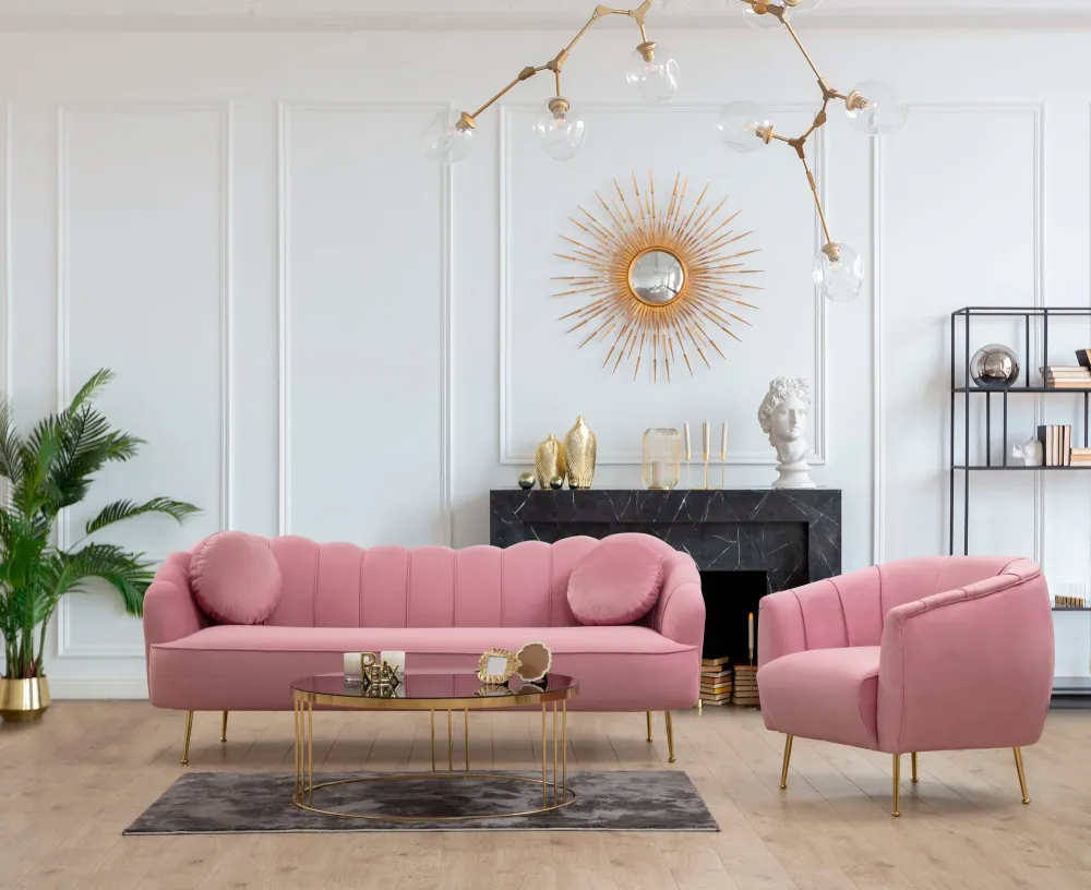 Poltrona elegante moderna rivestita tessuto rosa gambe dorate cm 85x85x80h