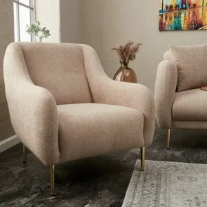 Poltrona elegante moderna tessuto beige gambe metallo dorato cm 70x70x77h
