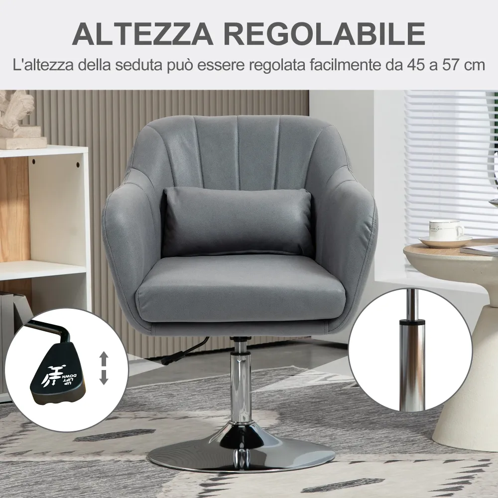 Poltrona Girevole con Cuscino Lombare 60x60x79-91 cm Tessuto Tecnico Grigio