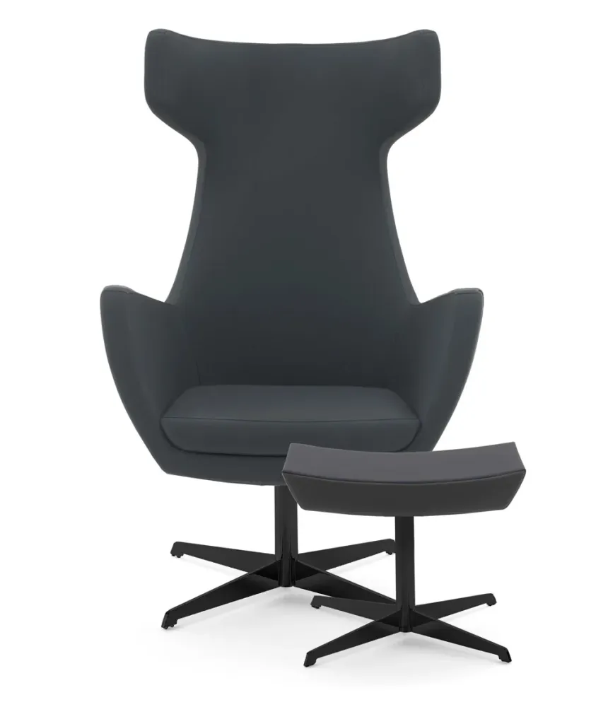 Poltrona girevole con pouf moderna imbottita schienale alto base metallo - vari colori