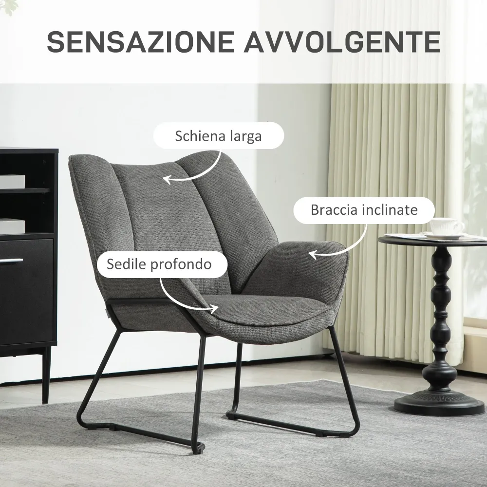 Poltrona Imbottita 71,5x67x79 cm Tessuto Effetto Lino Grigio