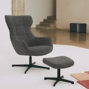 Poltrona imbottita con tessuto bouclé e pouf Elsa