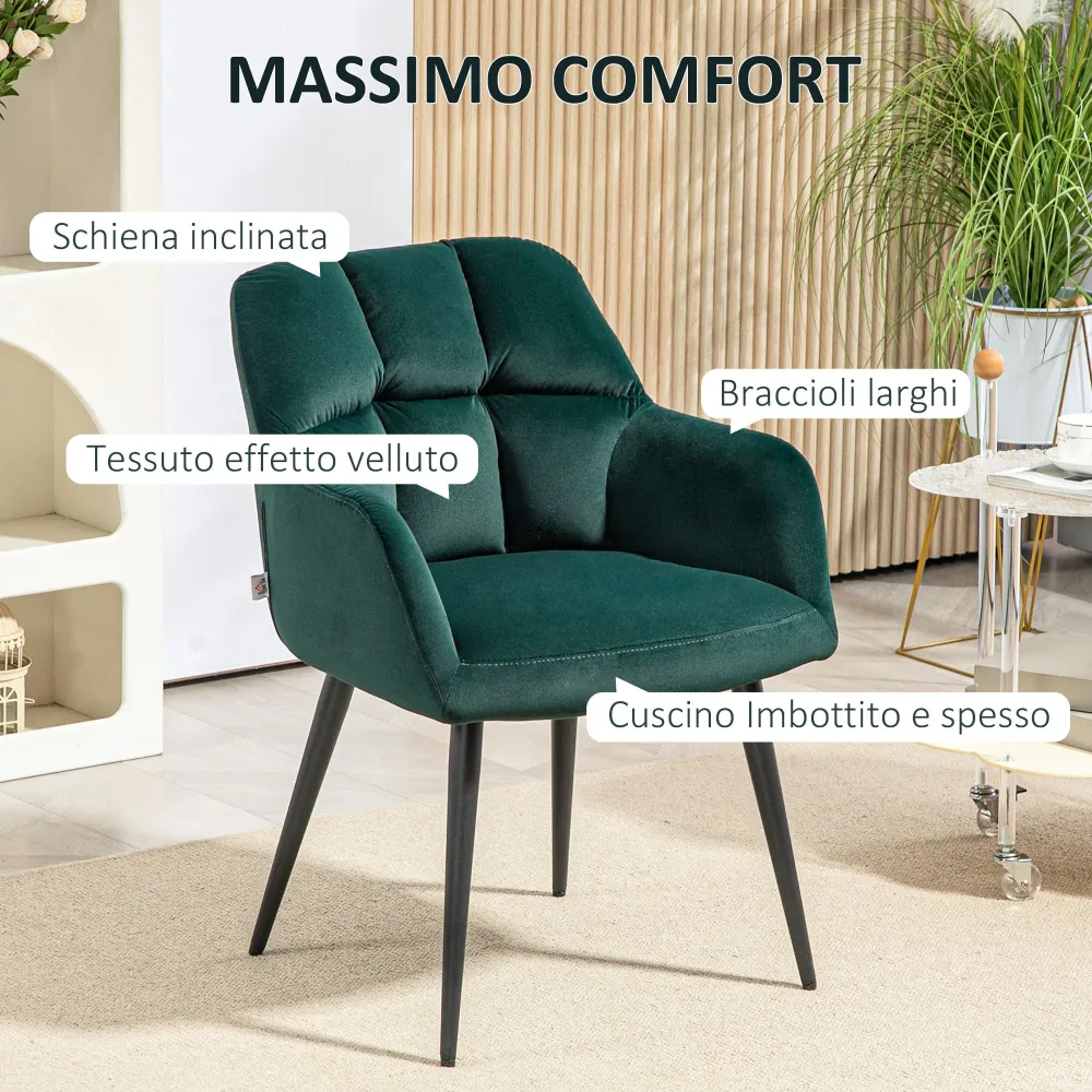 Poltrona Imbottita Velluto con Gambe Acciaio Verde