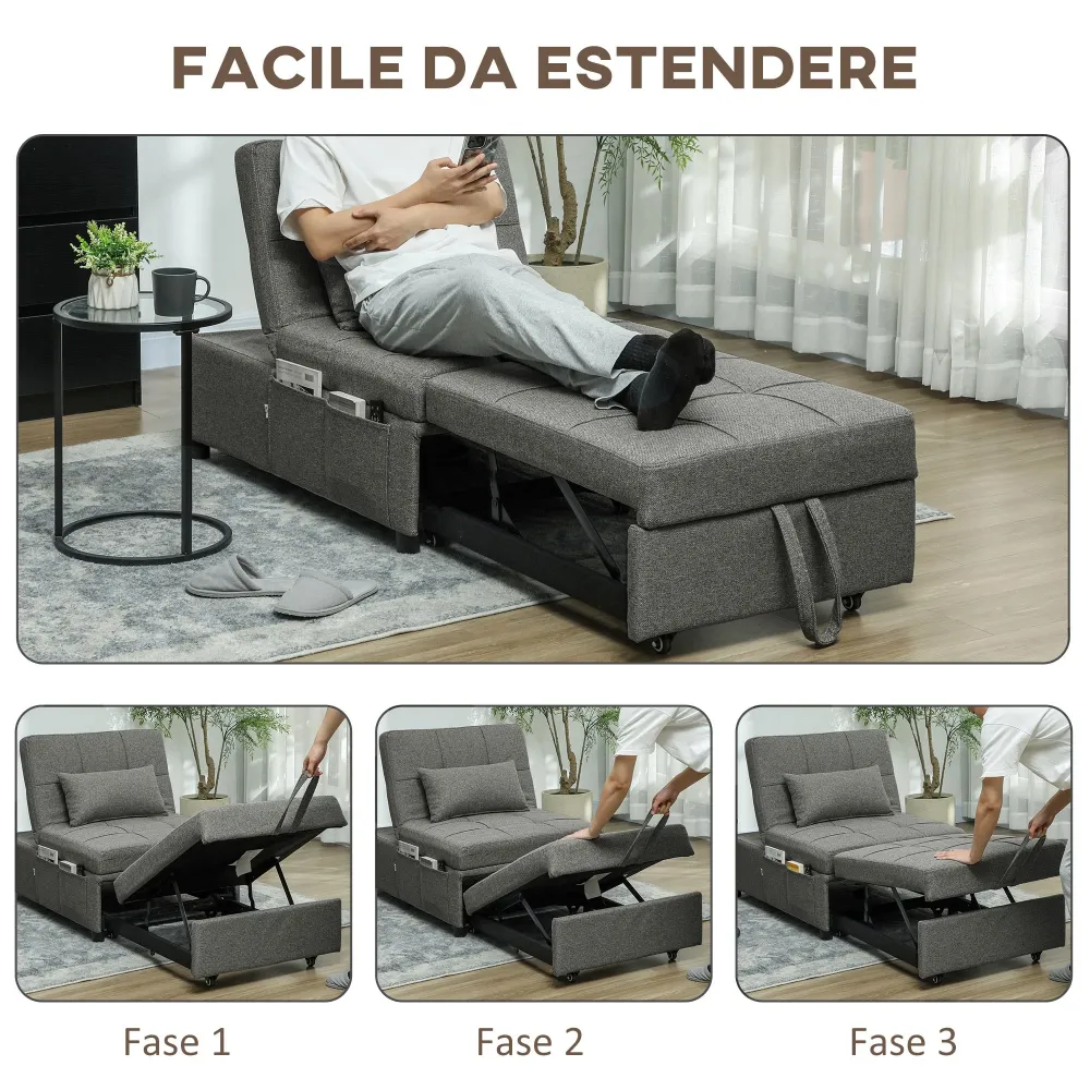 Poltrona Letto Clic Clac 4 1 Convertibile Chaise Longue e Poggiapiedi Grigio