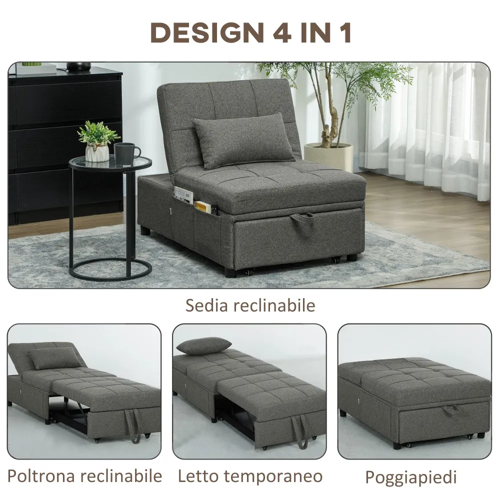 Poltrona Letto Clic Clac 4 1 Convertibile Chaise Longue e Poggiapiedi Grigio