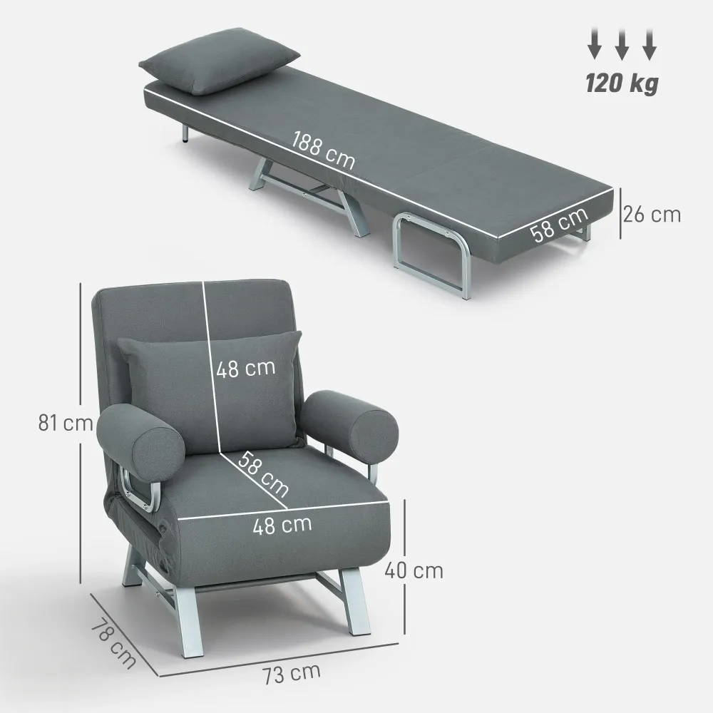 Poltrona Letto 3 1 con Schienale Reclinabile su 5 Livelli 73x78x81 cm Tessuto Effetto Lino Grigio Scuro