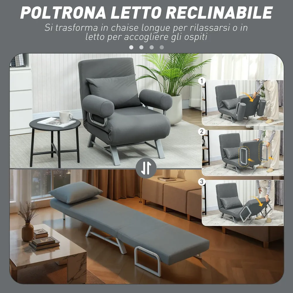 Poltrona Letto 3 1 con Schienale Reclinabile su 5 Livelli 73x78x81 cm Tessuto Effetto Lino Grigio Scuro