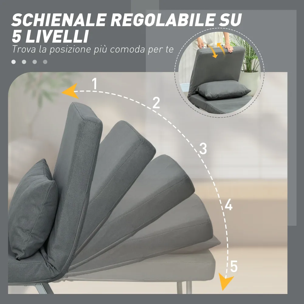 Poltrona Letto 3 1 con Schienale Reclinabile su 5 Livelli 73x78x81 cm Tessuto Effetto Lino Grigio Scuro