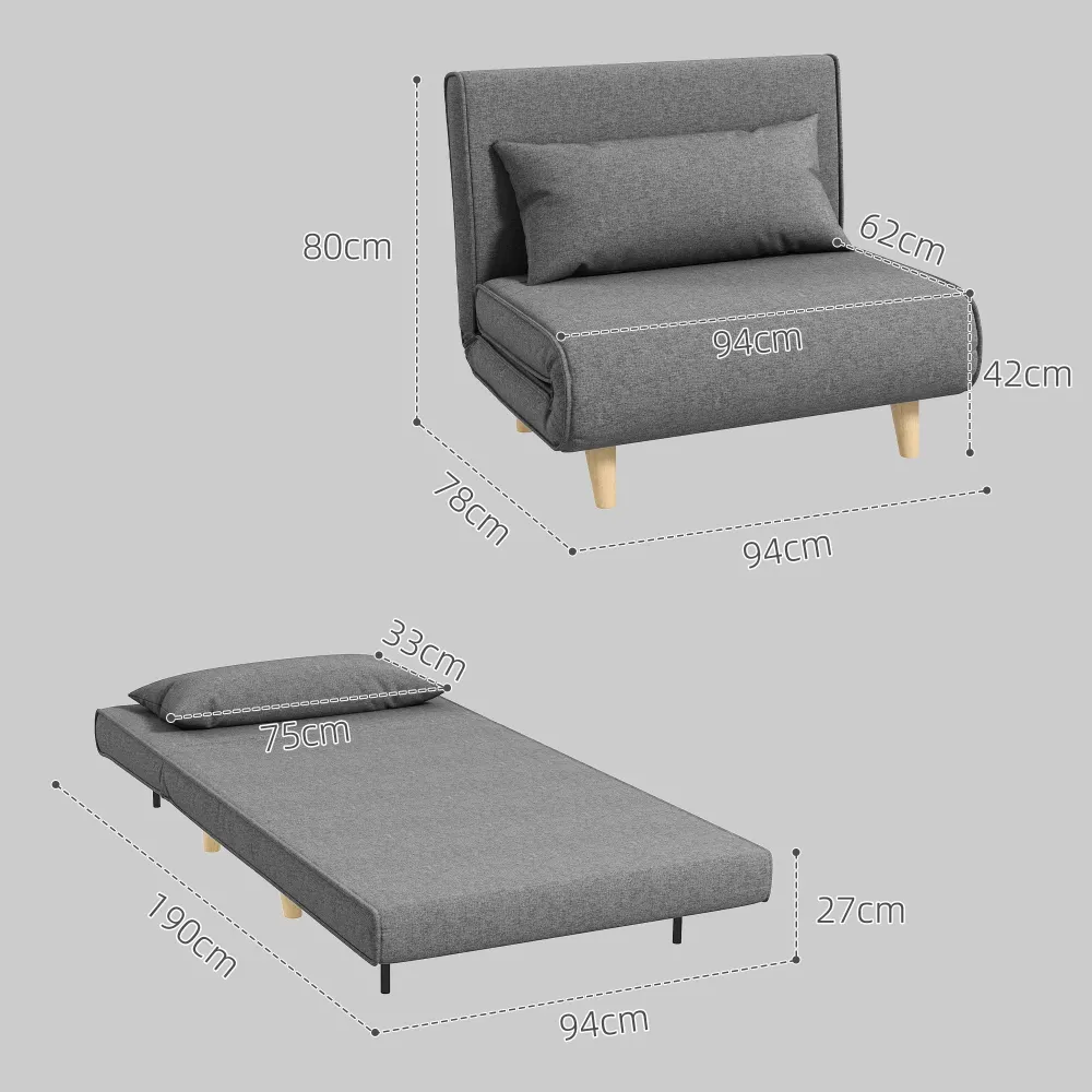 Poltrona Letto con Schienale Reclinabile su 6 Posizioni 94x78x80 cm Tessuto Grigio