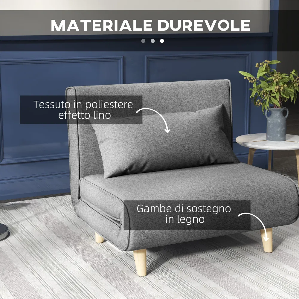 Poltrona Letto con Schienale Reclinabile su 6 Posizioni 94x78x80 cm Tessuto Grigio