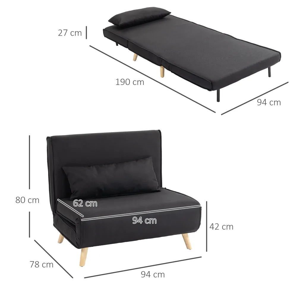 Poltrona Letto con Schienale Reclinabile su 6 Posizioni 94x78x80 cm Tessuto Nero