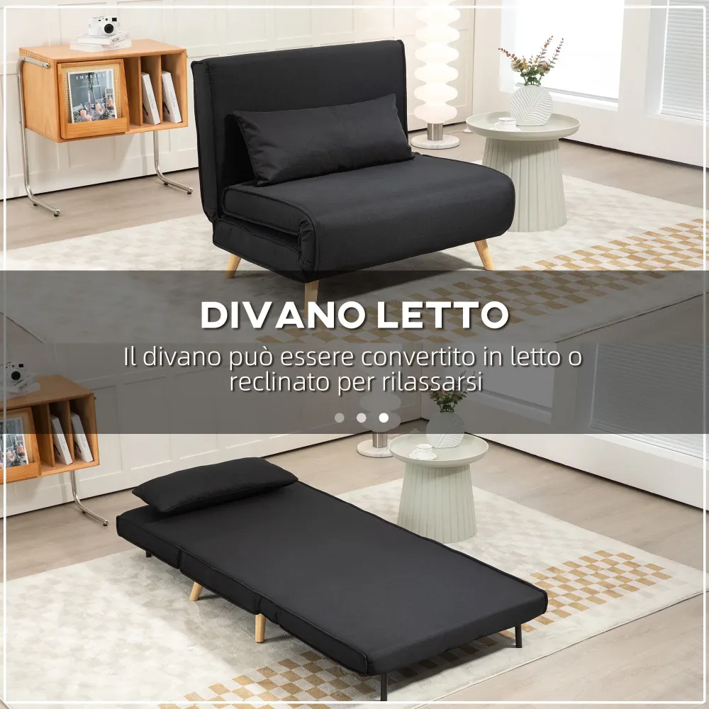 Poltrona Letto con Schienale Reclinabile su 6 Posizioni 94x78x80 cm Tessuto Nero