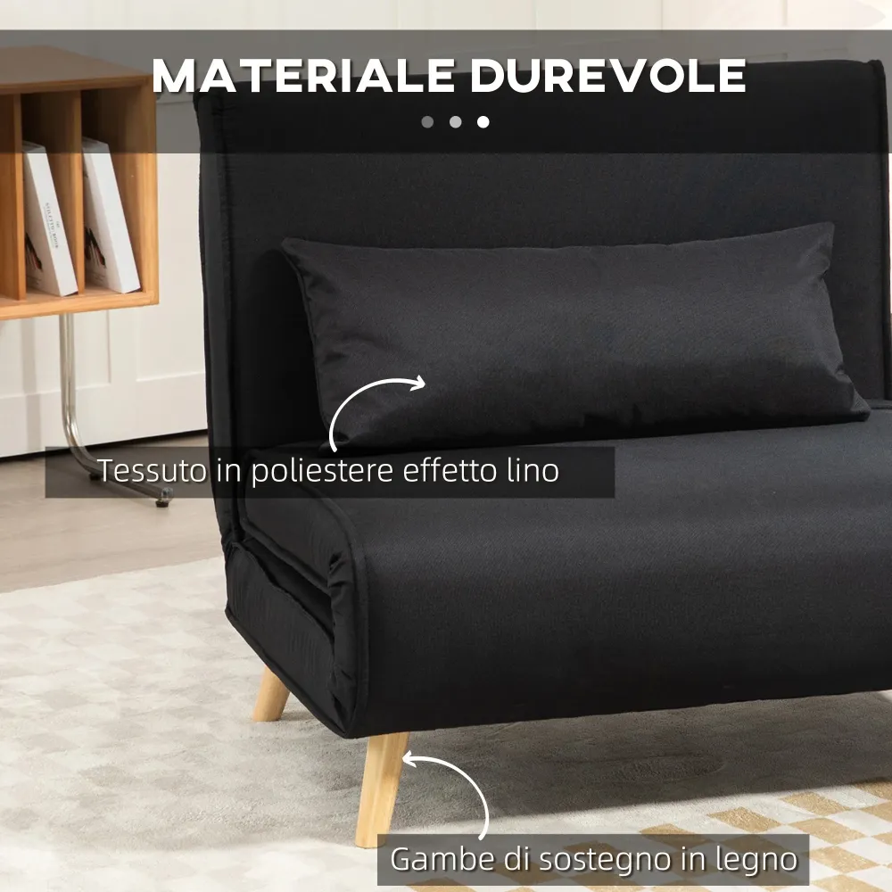 Poltrona Letto con Schienale Reclinabile su 6 Posizioni 94x78x80 cm Tessuto Nero