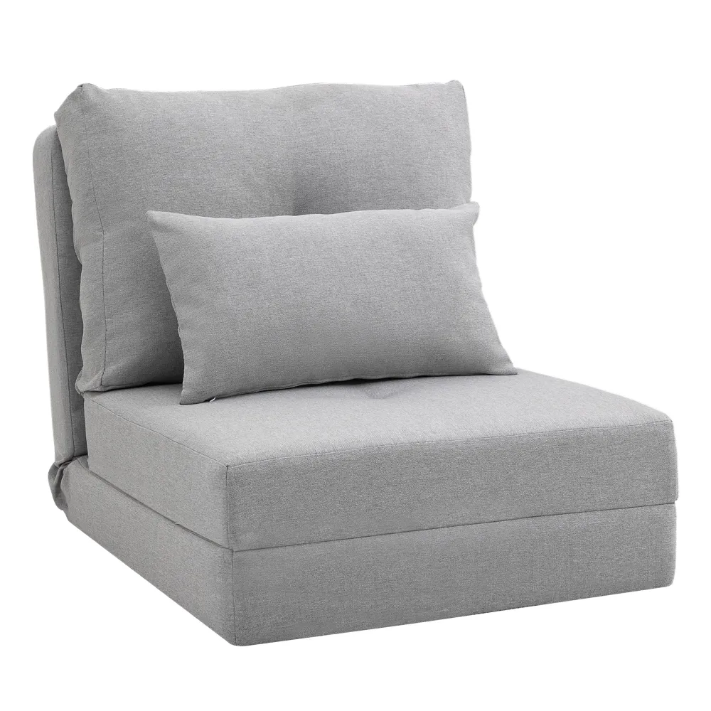 Poltrona Letto 3 1 Convertibile Chaise Longue e Divano da Terra con 2 Cuscini Tessuto Effetto Lino Grigio Chiaro