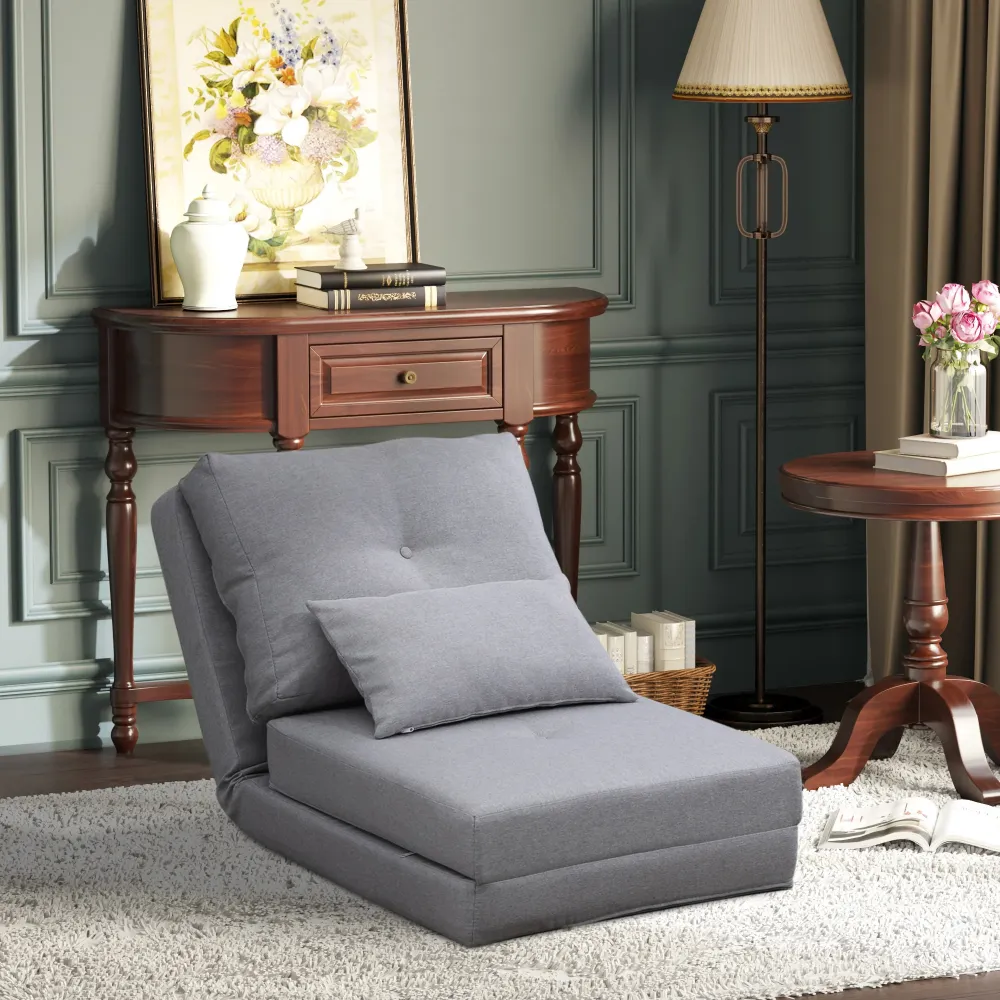Poltrona Letto 3 1 Convertibile Chaise Longue e Divano da Terra con 2 Cuscini Tessuto Effetto Lino Grigio Chiaro