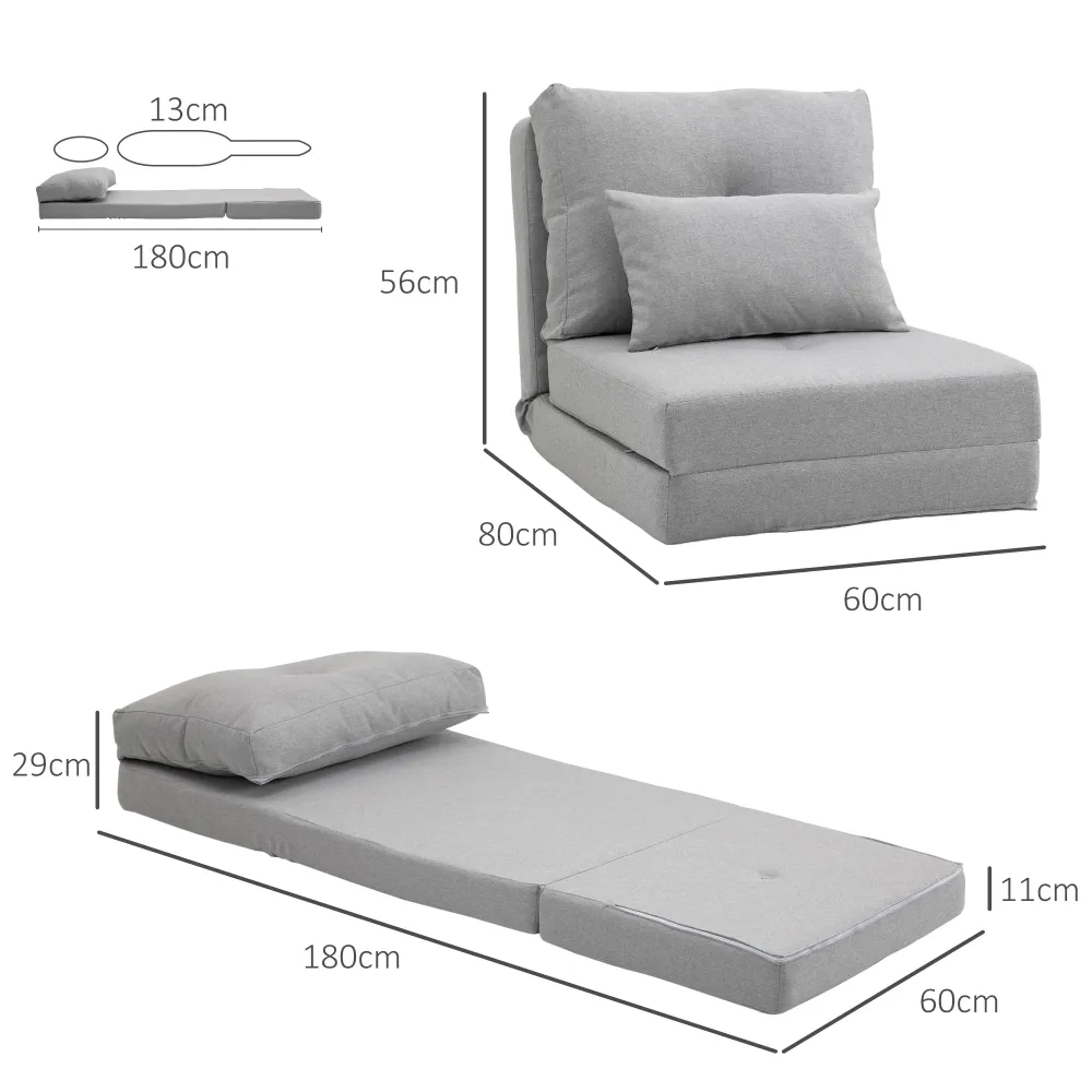 Poltrona Letto 3 1 Convertibile Chaise Longue e Divano da Terra con 2 Cuscini Tessuto Effetto Lino Grigio Chiaro