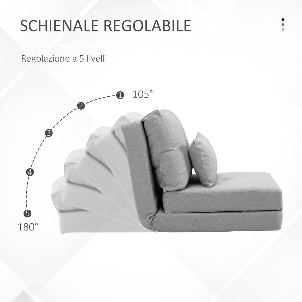 Poltrona Letto 3 1 Convertibile Chaise Longue e Divano da Terra con 2 Cuscini Tessuto Effetto Lino Grigio Chiaro