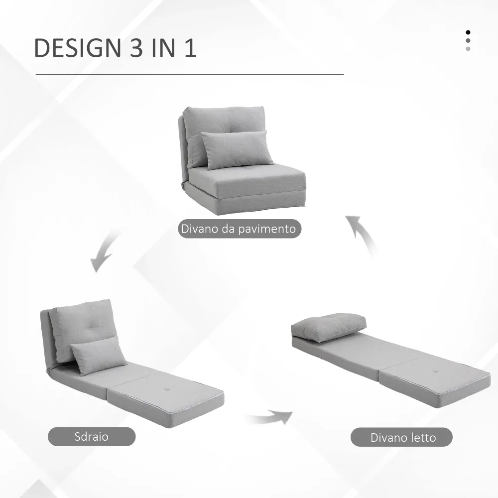 Poltrona Letto 3 1 Convertibile Chaise Longue e Divano da Terra con 2 Cuscini Tessuto Effetto Lino Grigio Chiaro