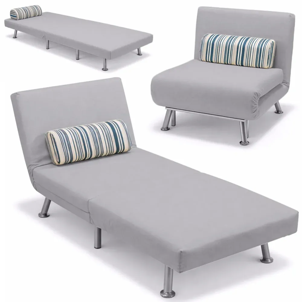 Poltrona Letto 1 Posto Schienale Reclinabile Metallo e Tessuto 75x73x73 Salvaspazio Grigio Chiaro