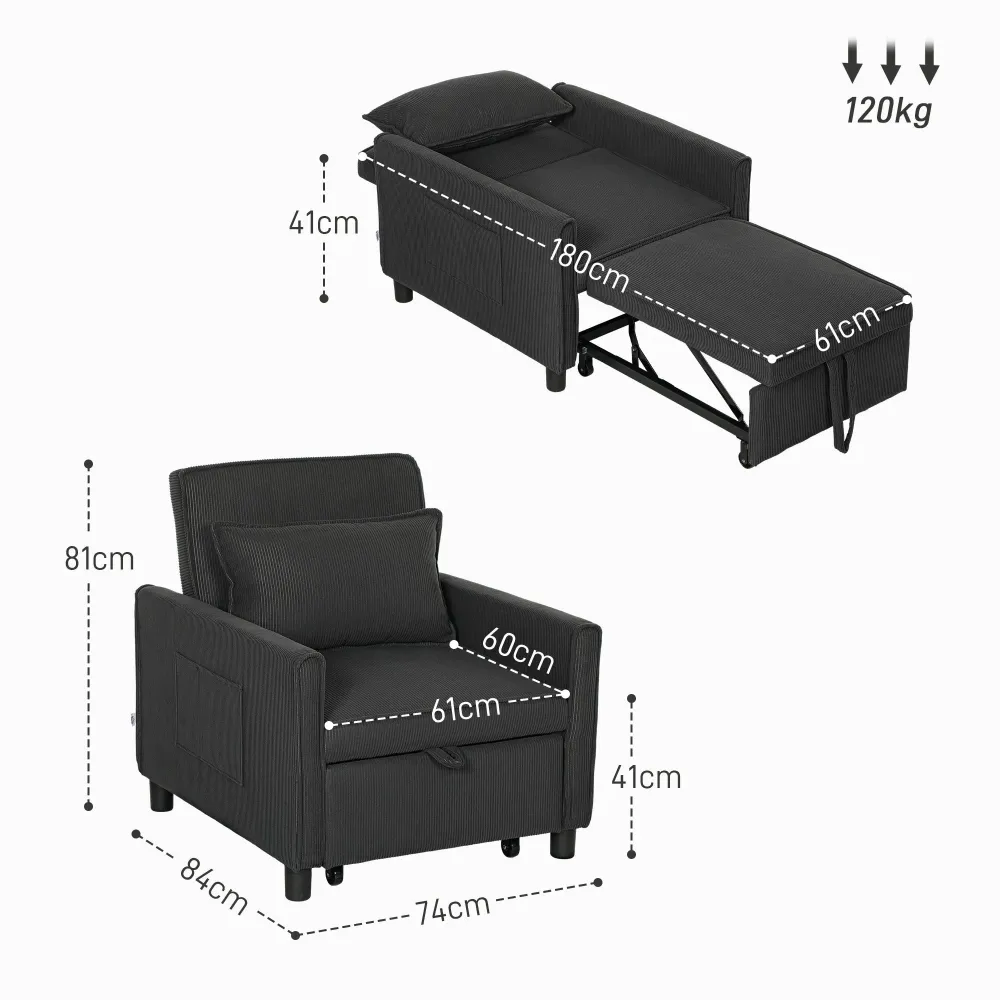 Poltrona Letto Reclinabile 74x84x81 cm Tessuto Effetto Velluto Grigio Scuro