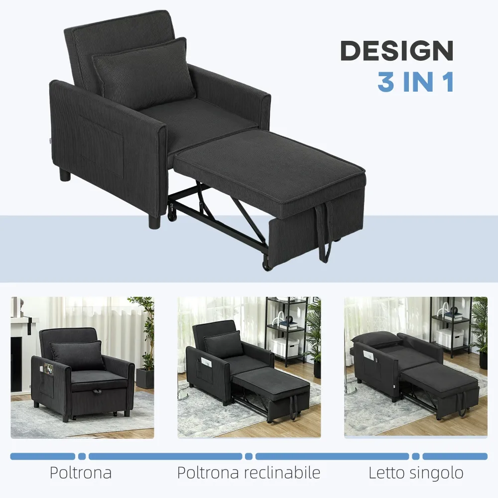 Poltrona Letto Reclinabile 74x84x81 cm Tessuto Effetto Velluto Grigio Scuro