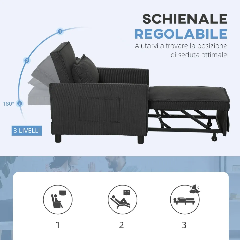 Poltrona Letto Reclinabile 74x84x81 cm Tessuto Effetto Velluto Grigio Scuro
