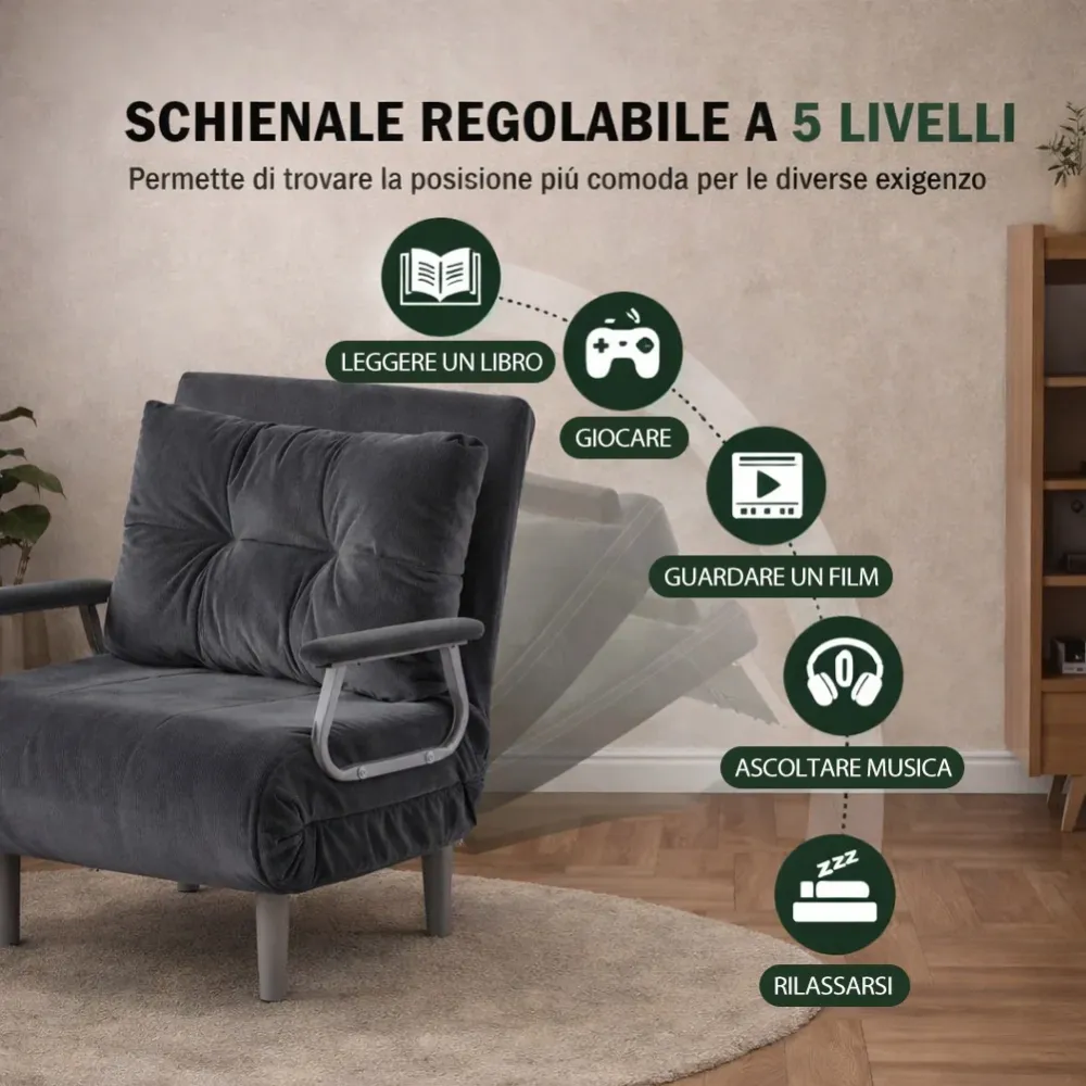 Poltrona Letto Reclinabile Chaise Lounge con Seduta Imbottita Convertibile Velluto Coste Grigio