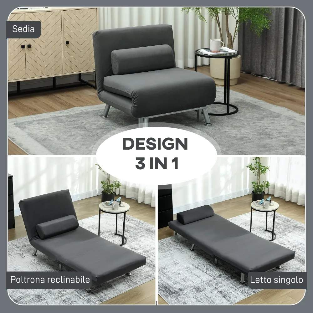 Poltrona Letto Singolo 3 1 75x70x75 cm Tessuto Effetto Lino Grigio Scuro